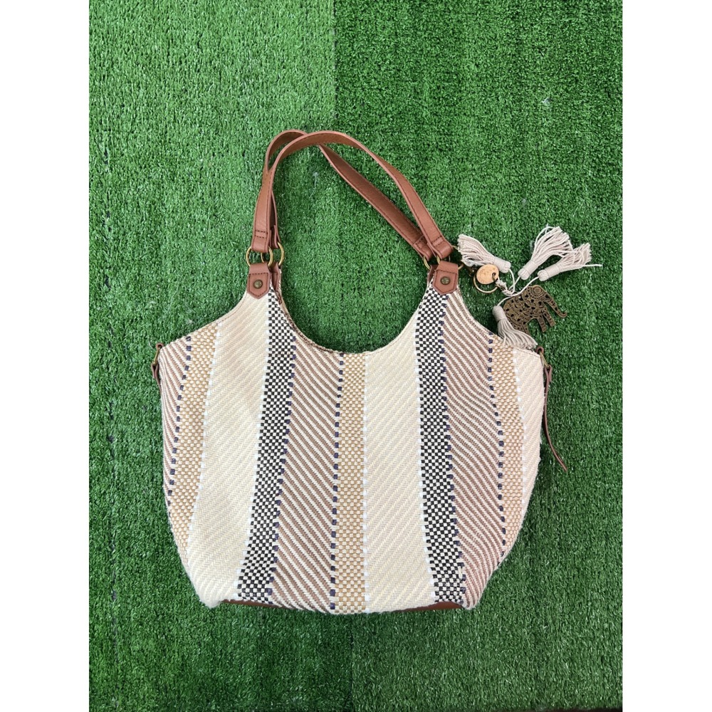 Sakroots Roma Shopper Woven Striped Tote Bag Neutral Boho Elephant Charm